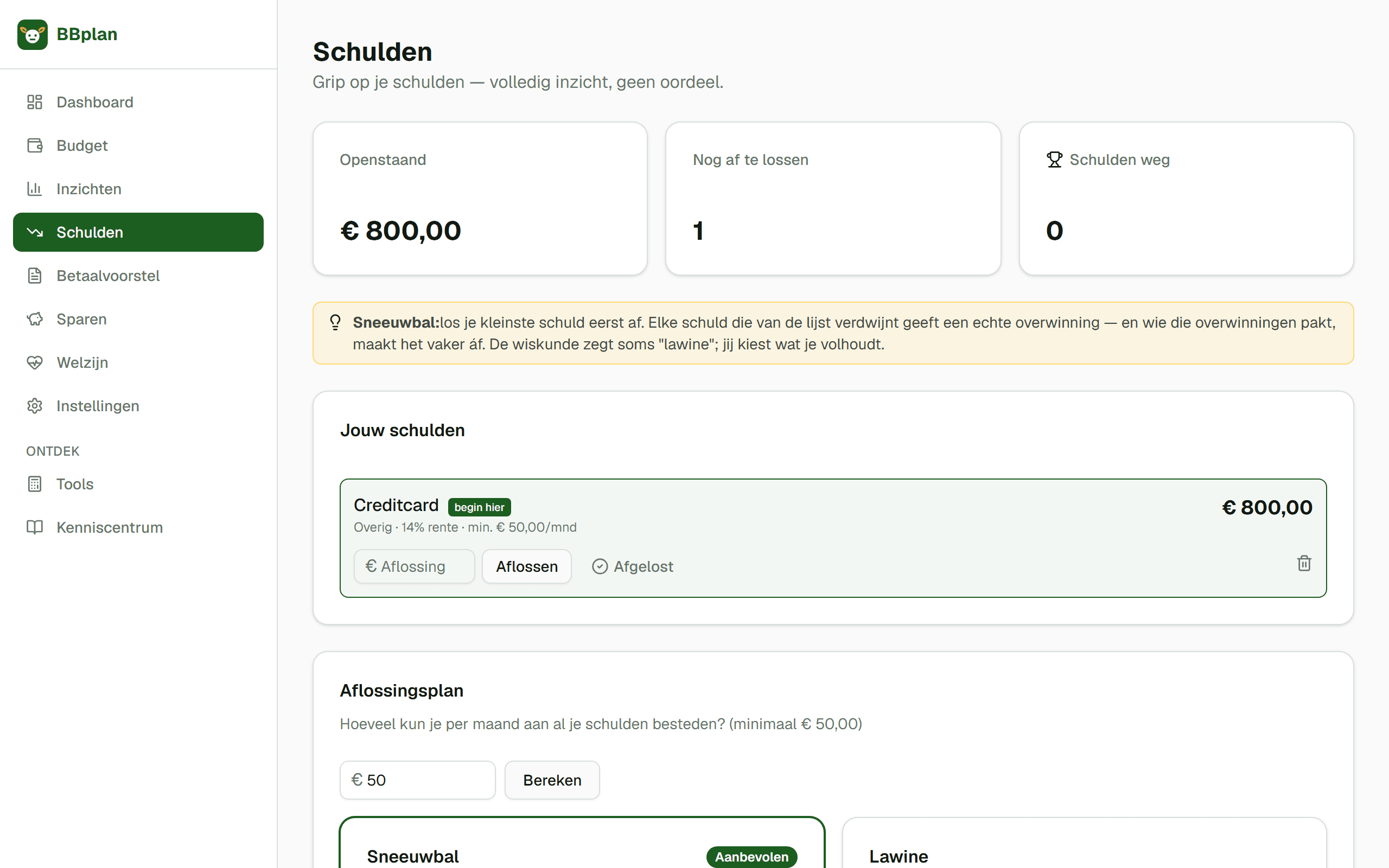 Het schuldenoverzicht met aflossingsplan en schuldenvrij-datum